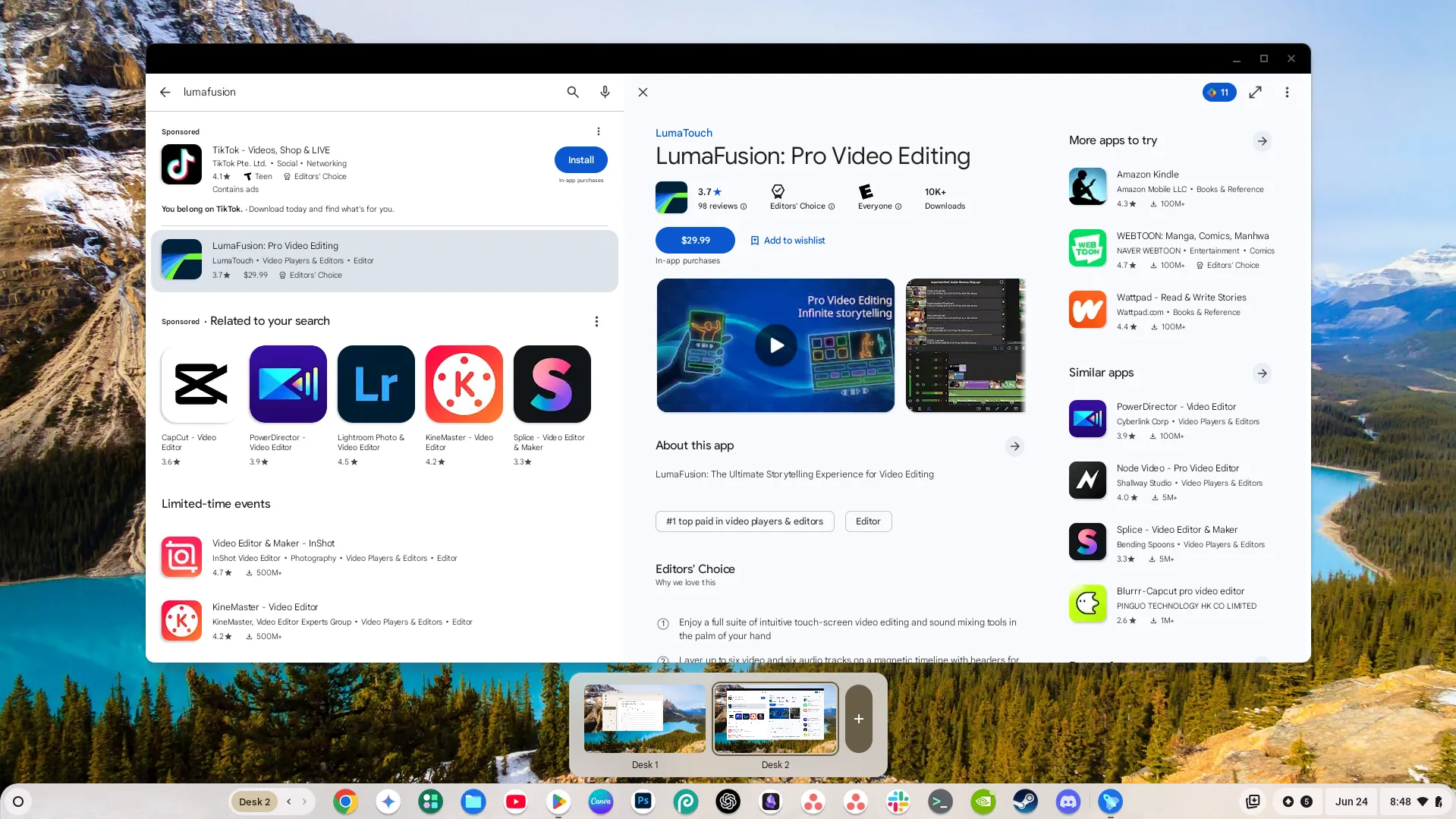 Thanh Virtual Desks hiển thị ở cuối màn hình Chromebook, cho phép chuyển đổi giữa các không gian làm việc.