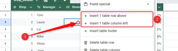 Thao tác chèn hoặc xóa cột, hàng trong bảng Google Sheets bằng menu chuột phải