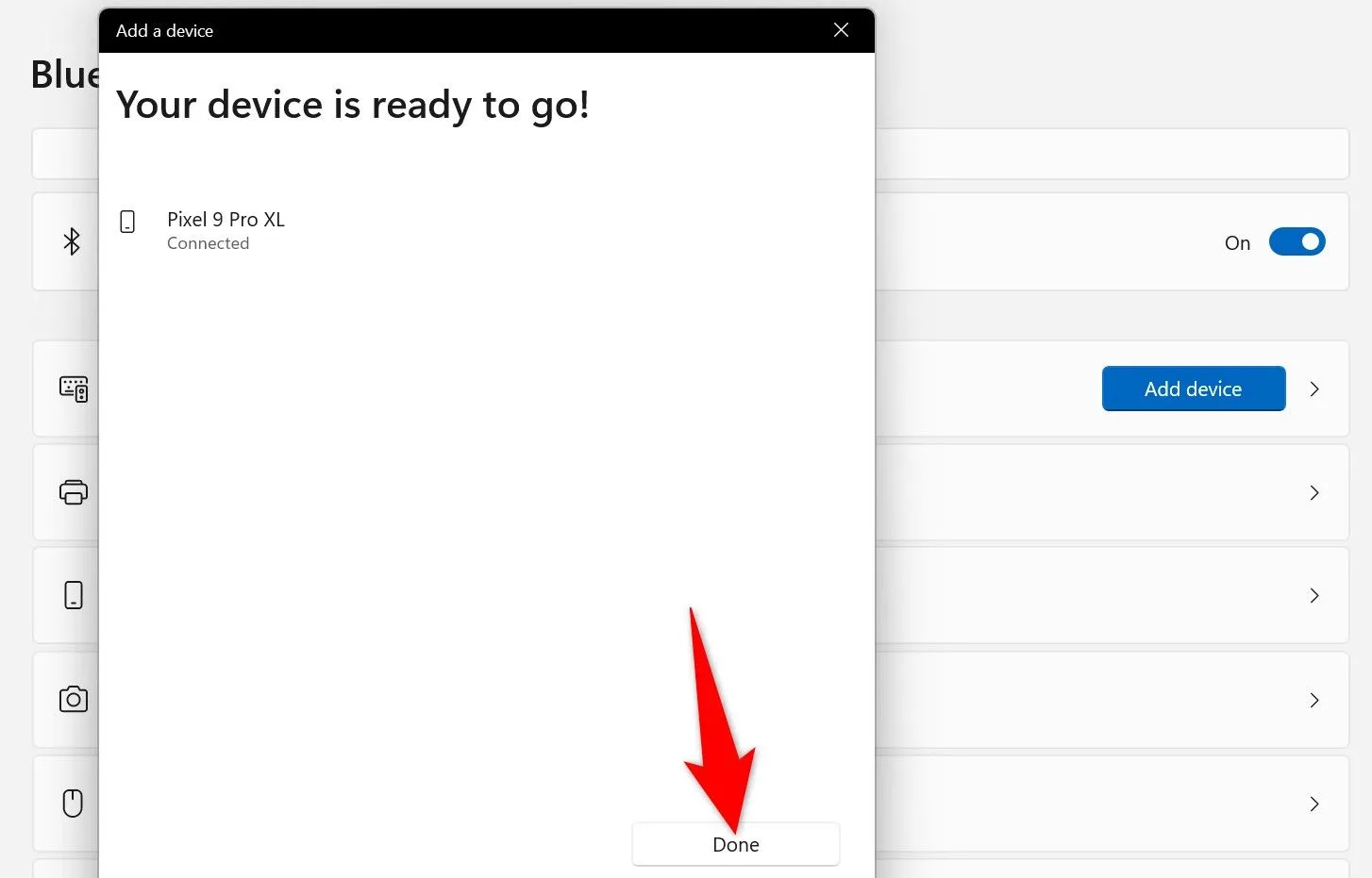Thông báo ghép nối thiết bị Bluetooth thành công trên Windows 11.