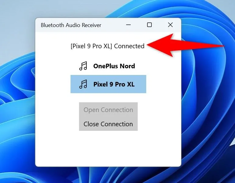 Thông báo kết nối Bluetooth đã được thiết lập trên ứng dụng Bluetooth Audio Receiver.