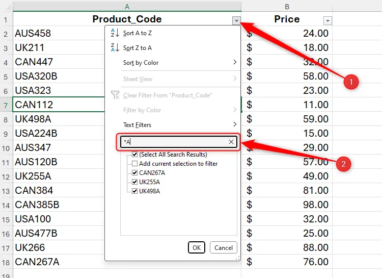Tìm kiếm bằng bộ lọc Excel với ký tự đại diện dấu sao (*A) để hiển thị các mã sản phẩm kết thúc bằng chữ &quot;A&quot;.