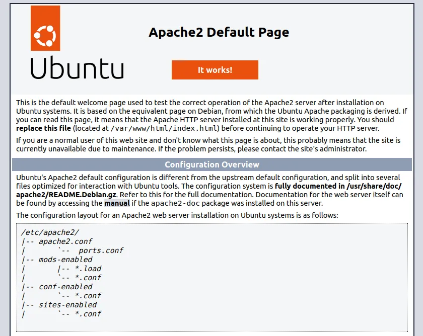 Trang mặc định của Apache trên Ubuntu hiển thị thông tin cấu hình chi tiết của máy chủ web cục bộ.
