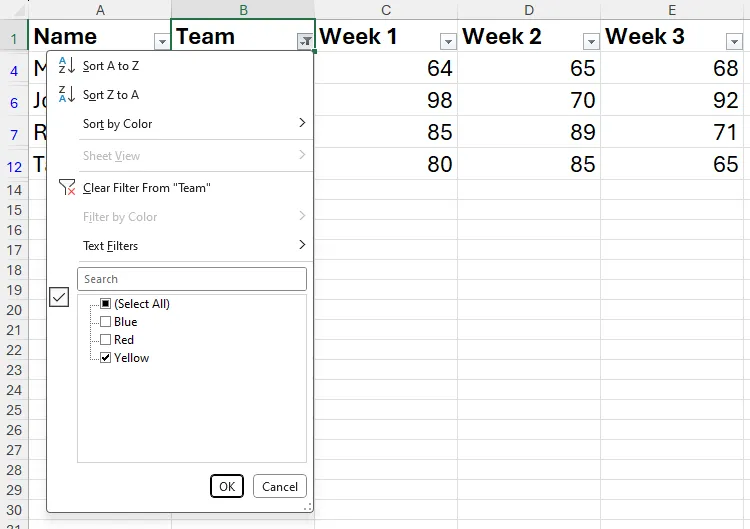 Tùy chọn bộ lọc cho cột B trong Excel