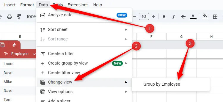 Tùy chọn quản lý các chế độ xem đã lưu trong Google Sheets