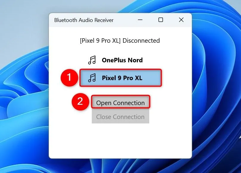 Ứng dụng Bluetooth Audio Receiver đang mở kết nối với thiết bị đã chọn.